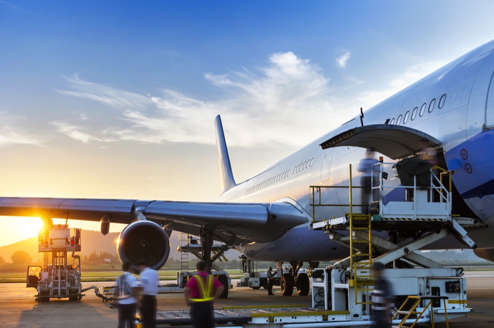 Cargo being loaded into an airplane