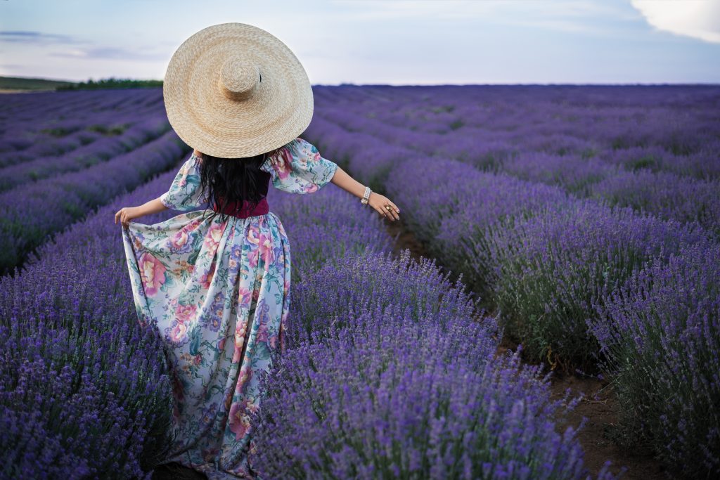 Model wearing large sunset and long dress walking through field of lavender.